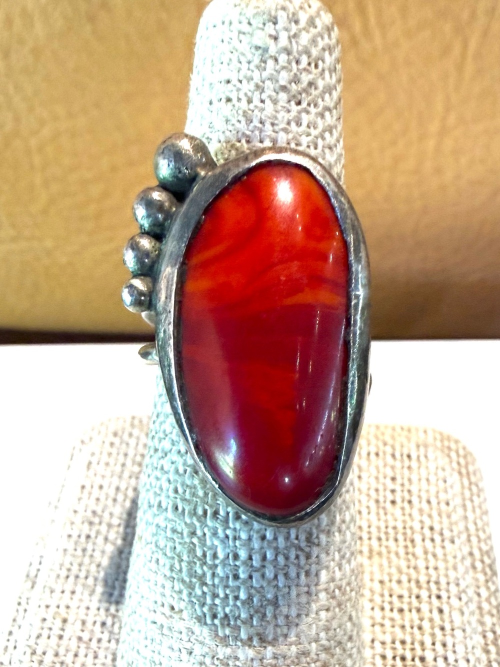 Sterling Silver With Red Stone & Raindrop Design Authentic  Navajo Ring -Vintage